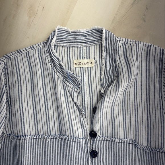 BODIL striped patchwork pocket tunic top blouse lagenlook linen blue XL art work - Picture 9 of 9